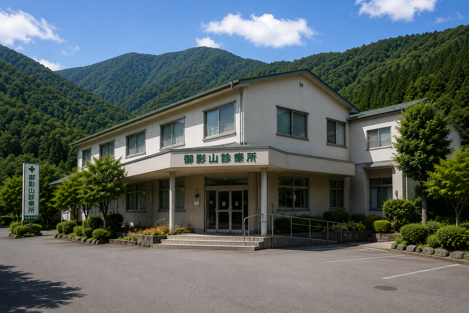 緑に囲まれた診療所の外観